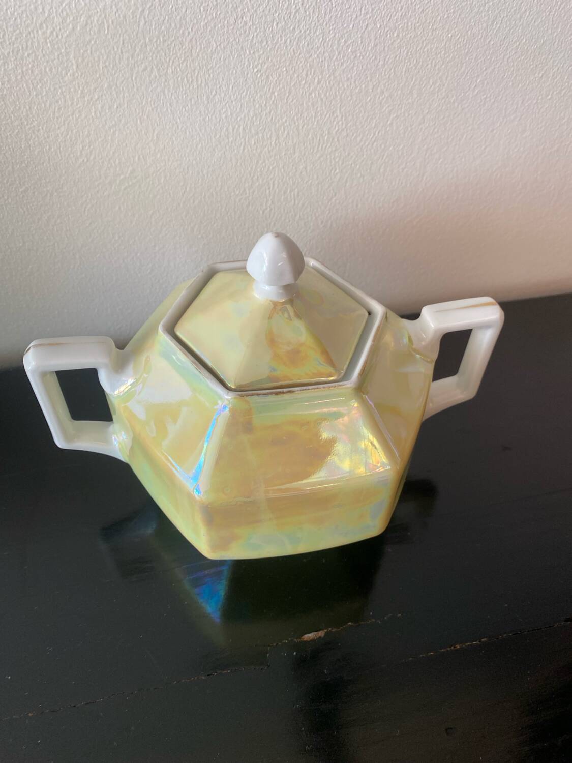 Vintage art deco sugar bowl in iridescent yellow