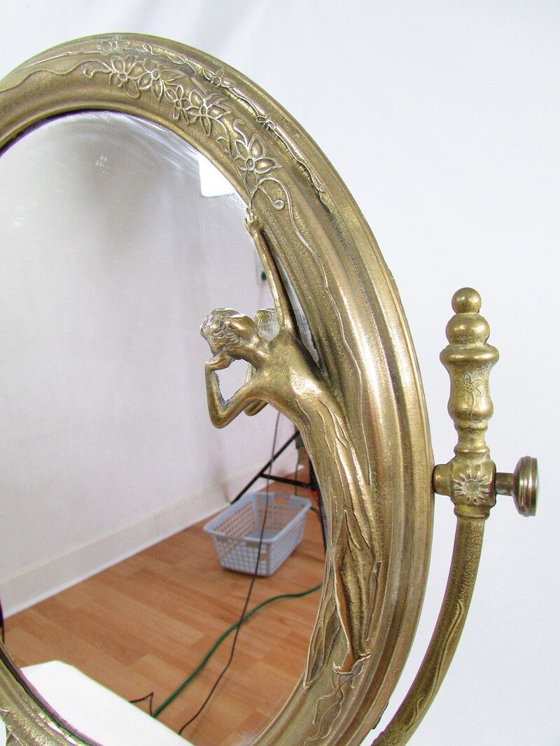 Tilting table mirror and art nouveau photo holder in bronze