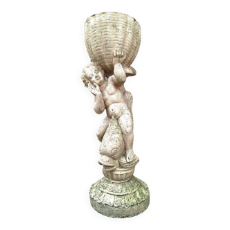 Putto au poisson, statue ancienne, porte plantes vintage