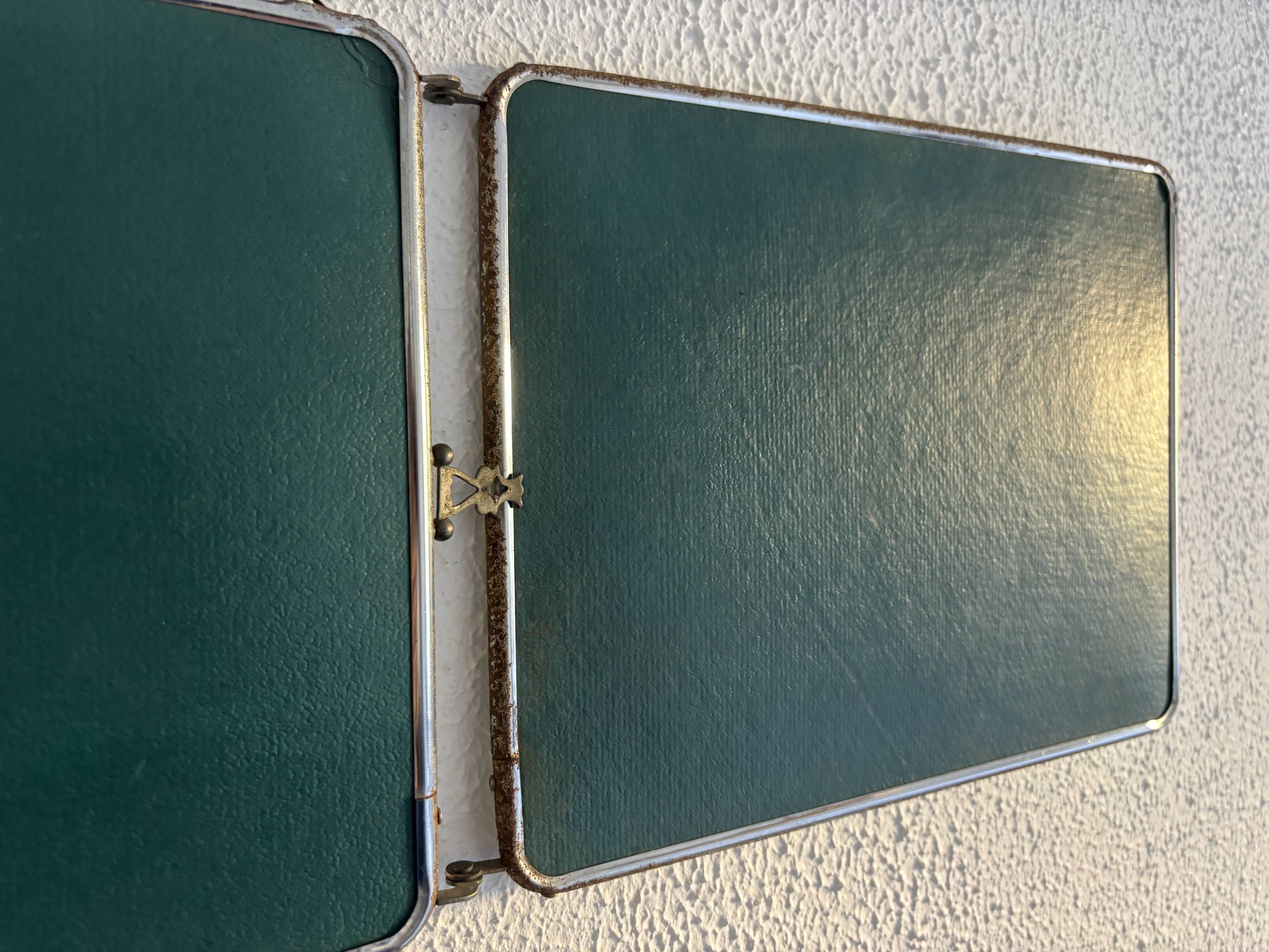 Vintage 1950s triptych barber mirror in duck blue - 22 x 86 cm