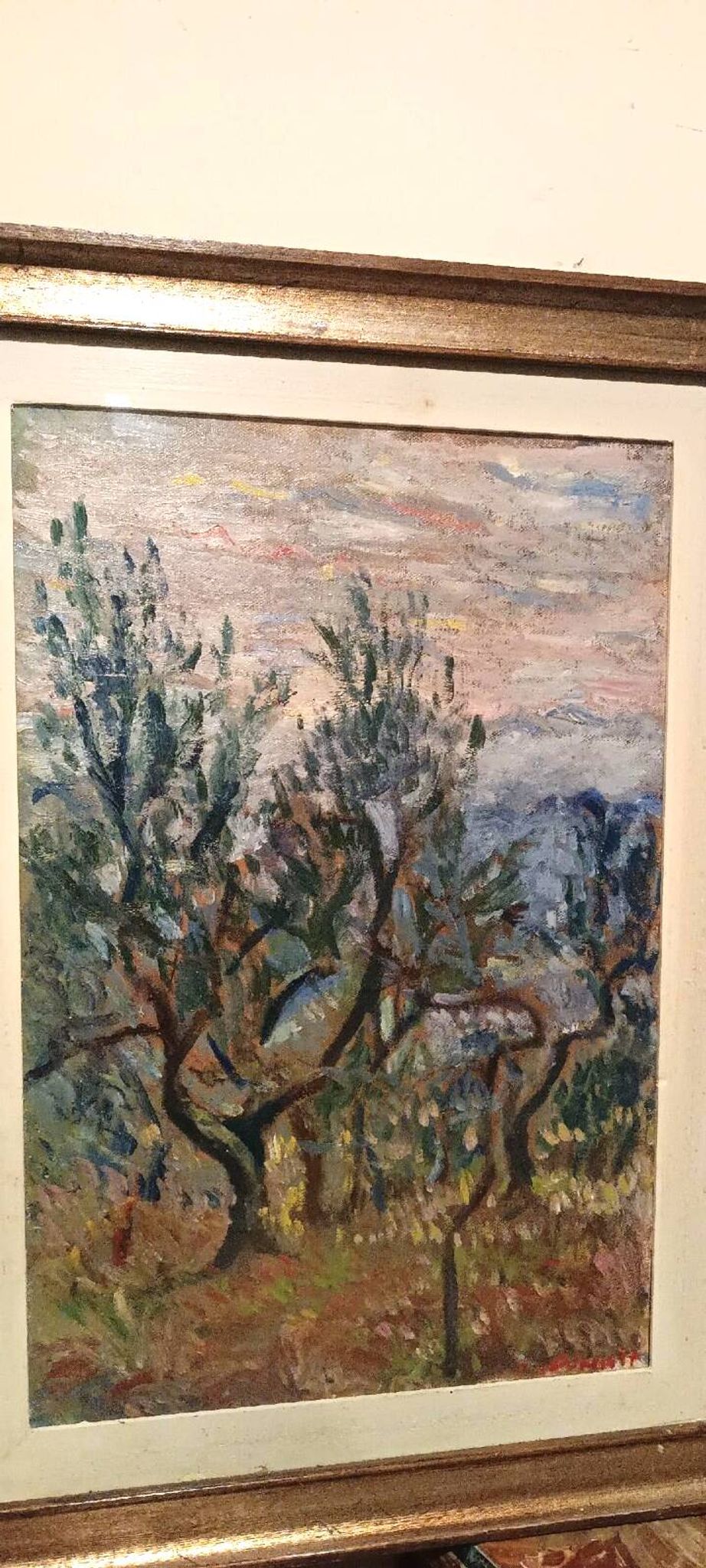 Oil painting on canvas, landscape, trees, Christine Oswalt, fishermen