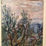 Oil painting on canvas, landscape, trees, Christine Oswalt, fishermen