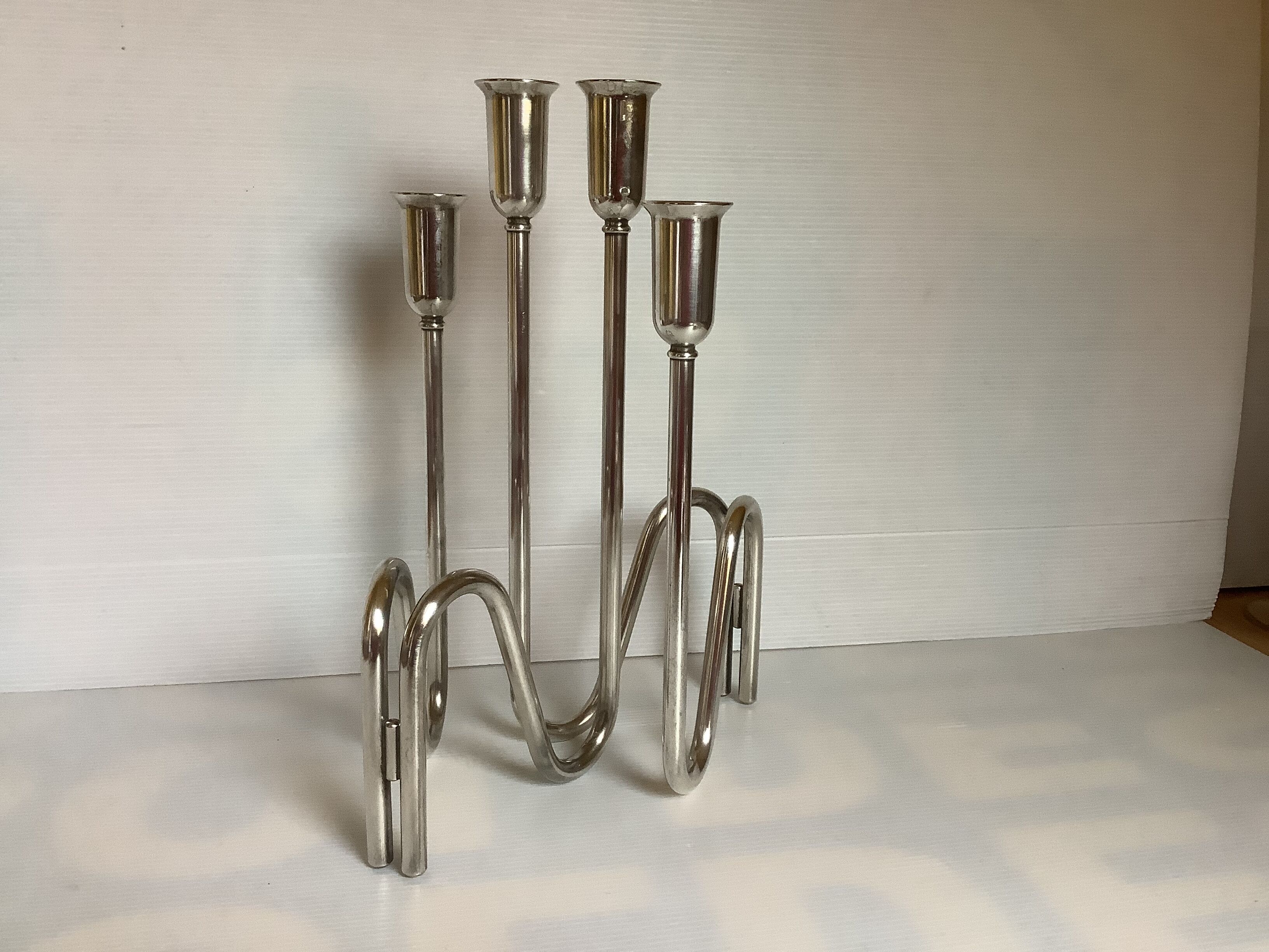 Pair of modernist candle holders silver metal PM Italy