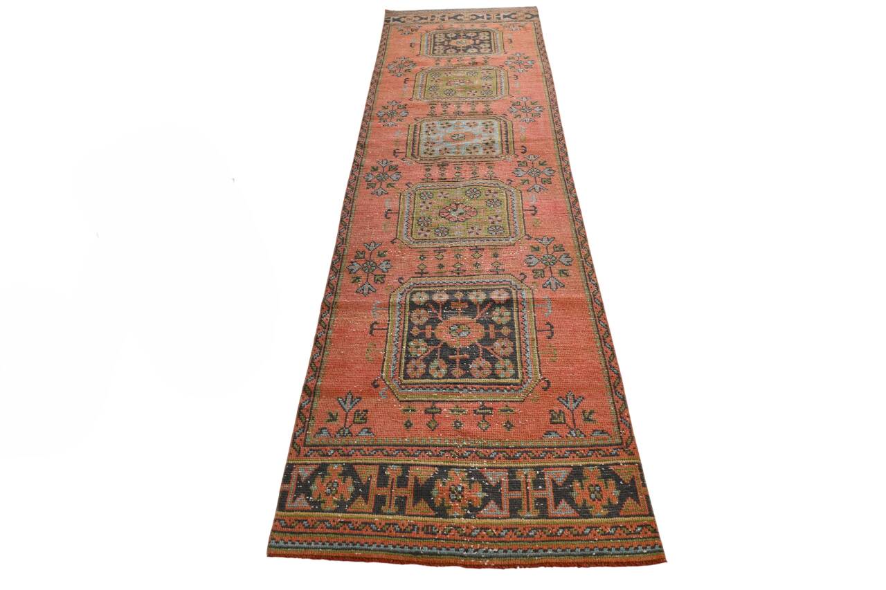3x11 Vintage Terracotta Oriental Pattern Turkish Runner Rug, 89x342Cm