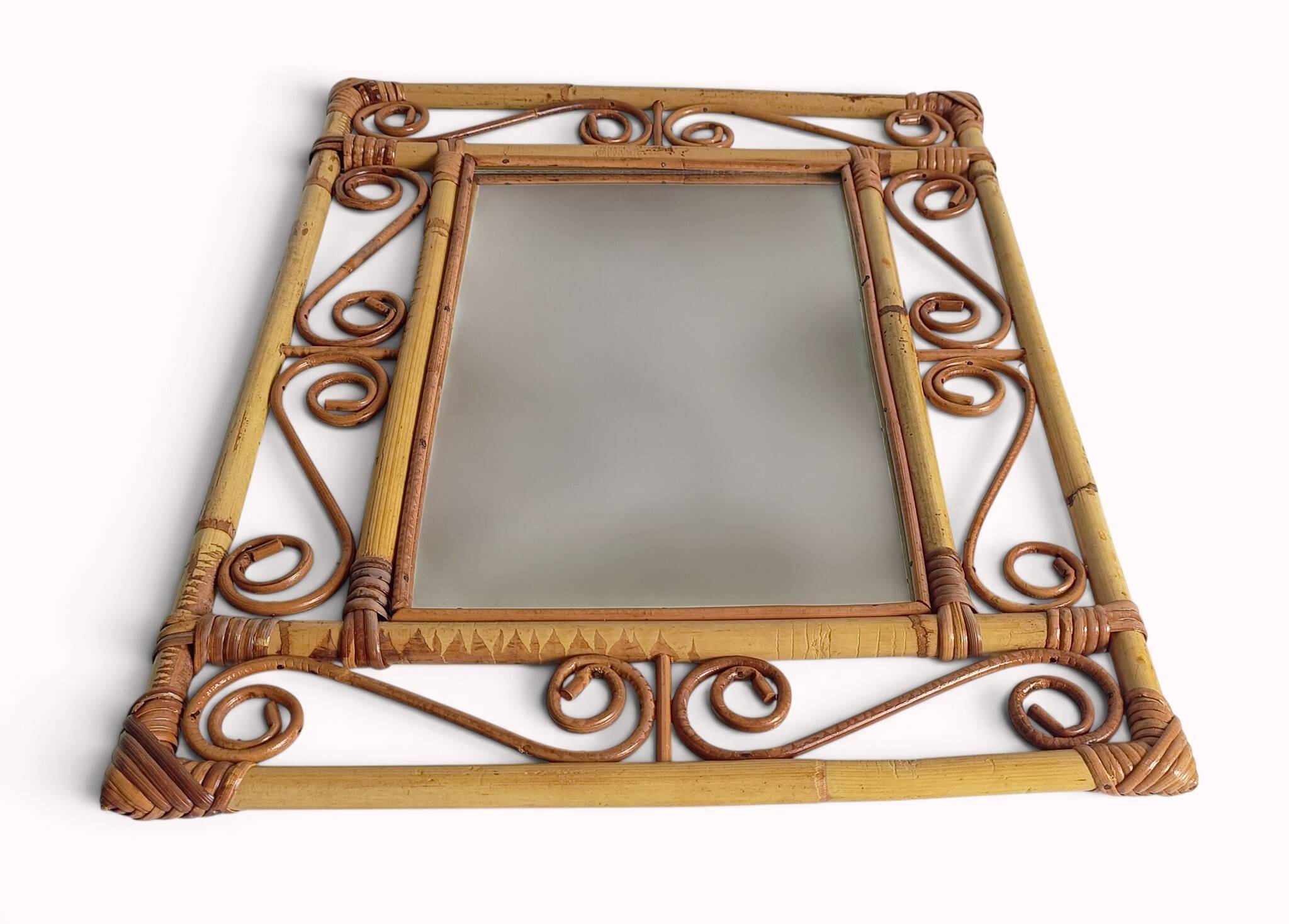 Vintage 1970s Spanish Handmade Bamboo and Rattan Wall Mirror