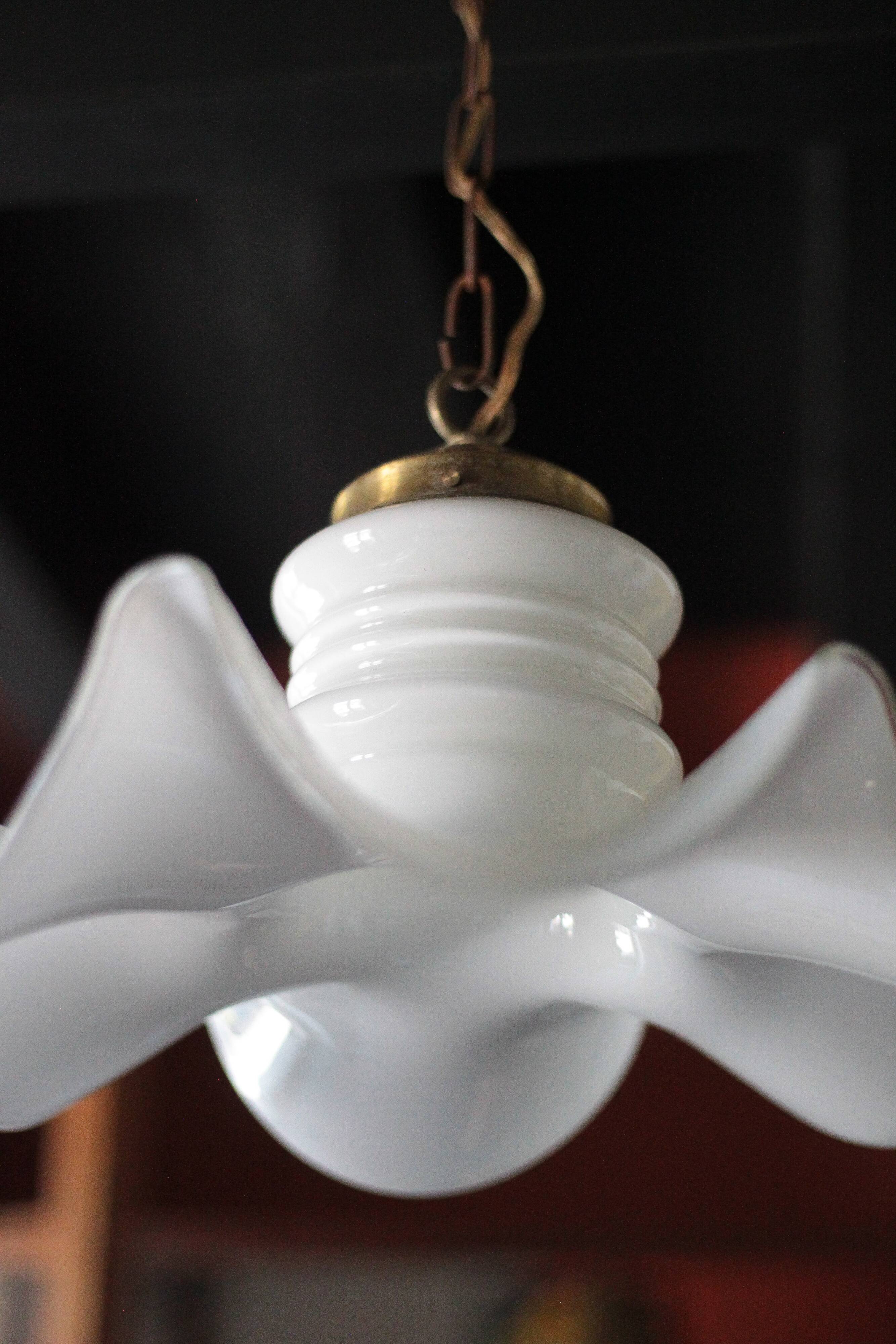 Vintage chandelier, white opaline chandelier and metal, opaline pendant, lamp