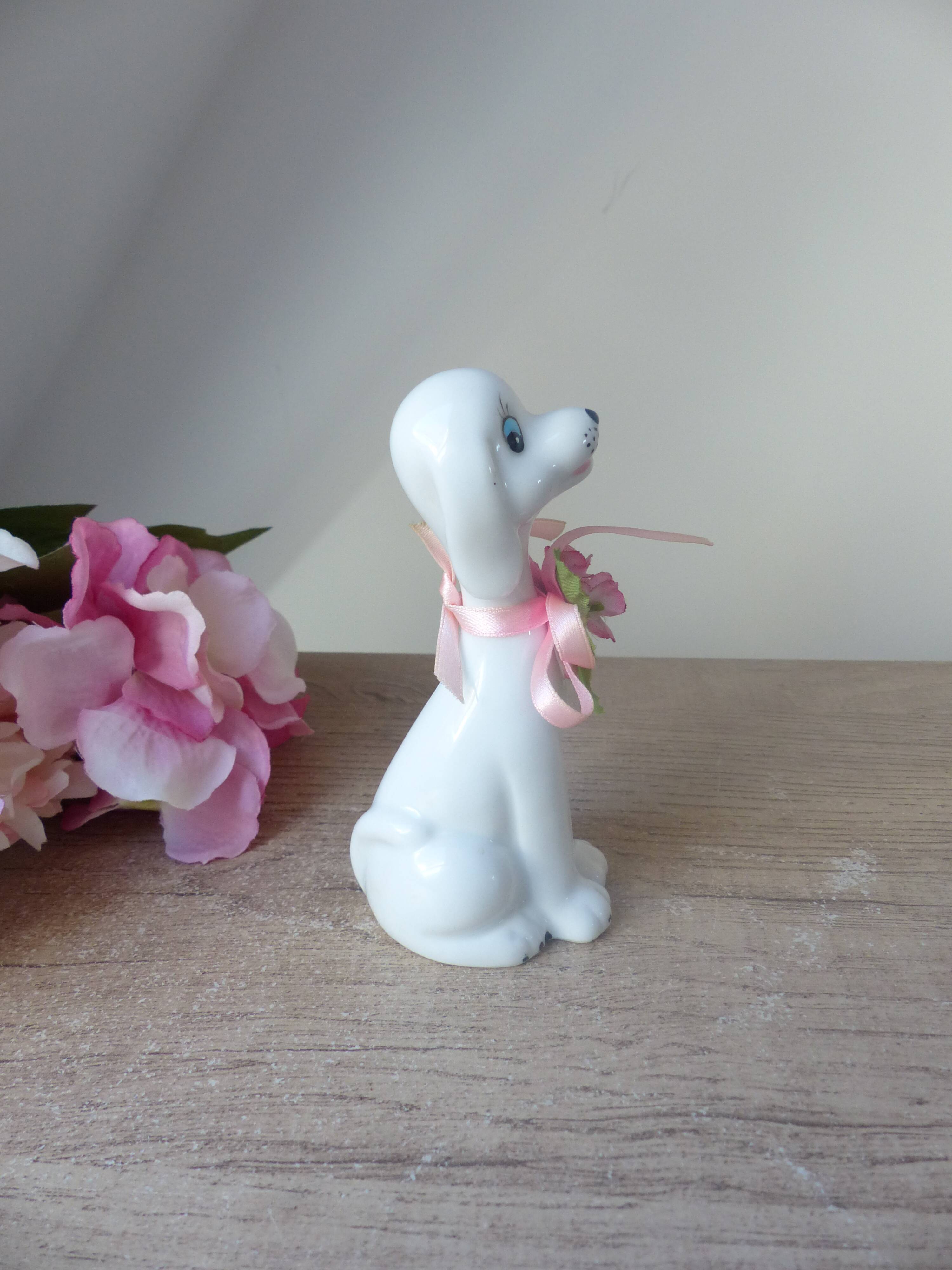 Vintage Small Romantic Ceramic Dog Figurine with Pink Flower Fabric Ribbon