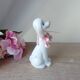 Vintage Small Romantic Ceramic Dog Figurine with Pink Flower Fabric Ribbon