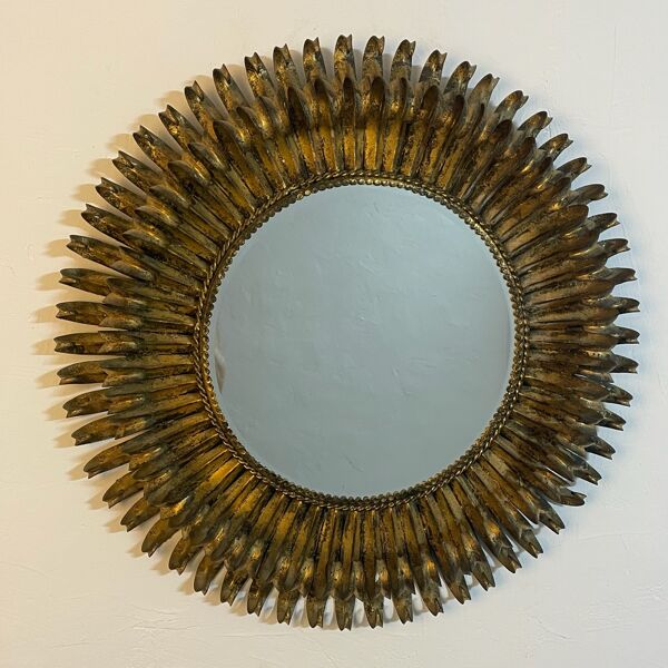 Miroir soleil rond double feuilles en fer forgé italien 50’s