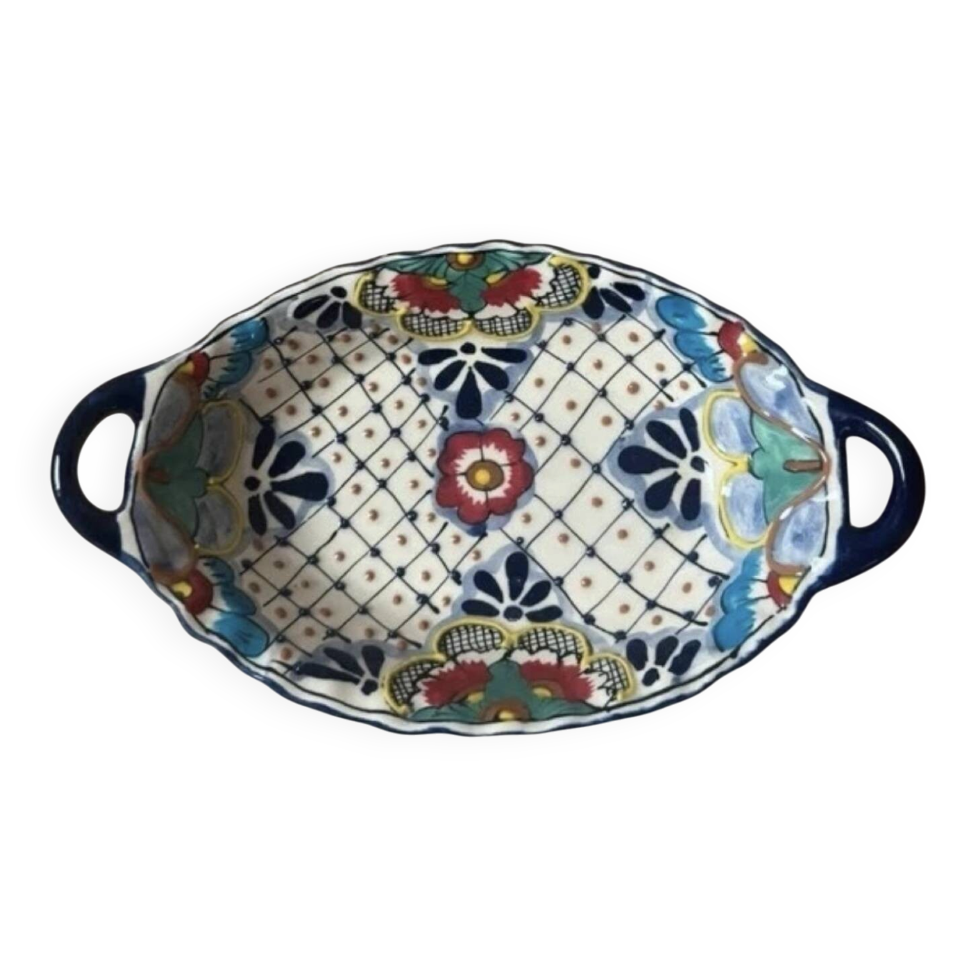 Vintage hand-painted Talavera Mexican ceramic oval plate