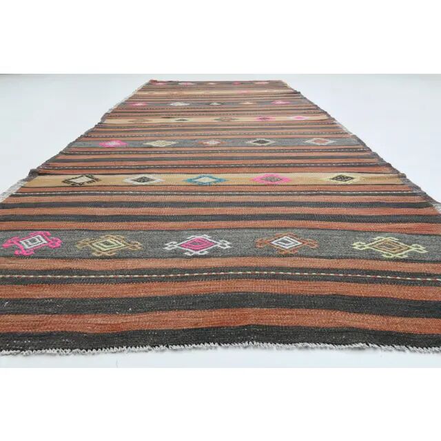 1970s  Turkish Oushak Handmade Wool Cotton Orange Runner Rug 125x376