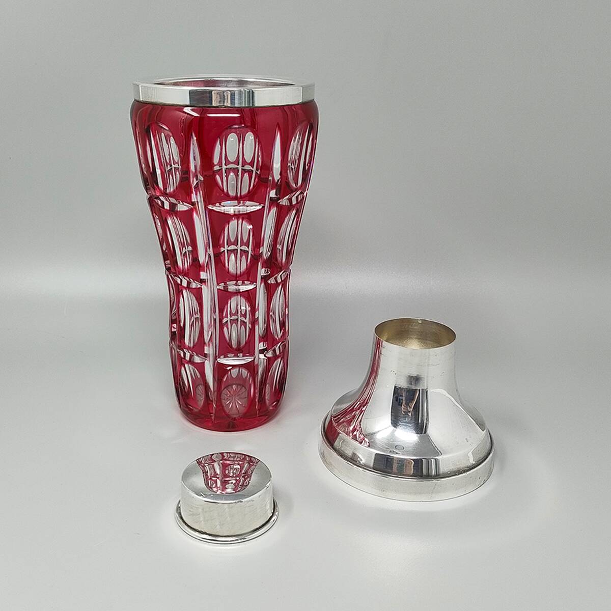 1960s Gorgeous Red Bohemian Cut Crystal Glass Cocktail Shaker With Ice Buck