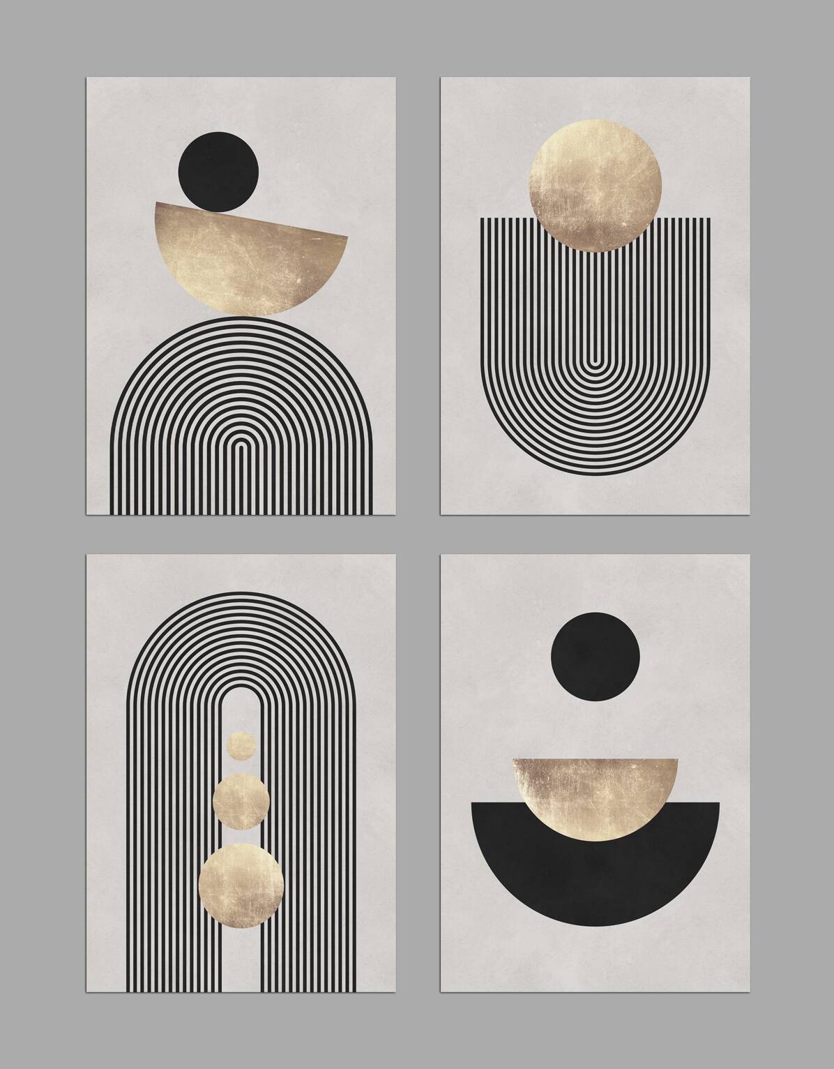 4 impressions d'art géométriques avec des cercles et des lignes.