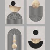 4 geometric art prints with circles and lines.