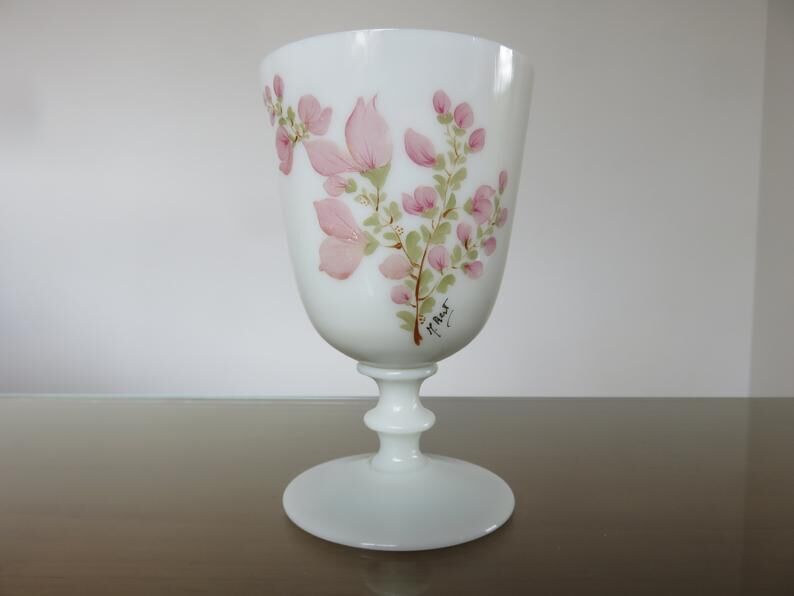Opaline vase floral pattern, signed, 60s 70s