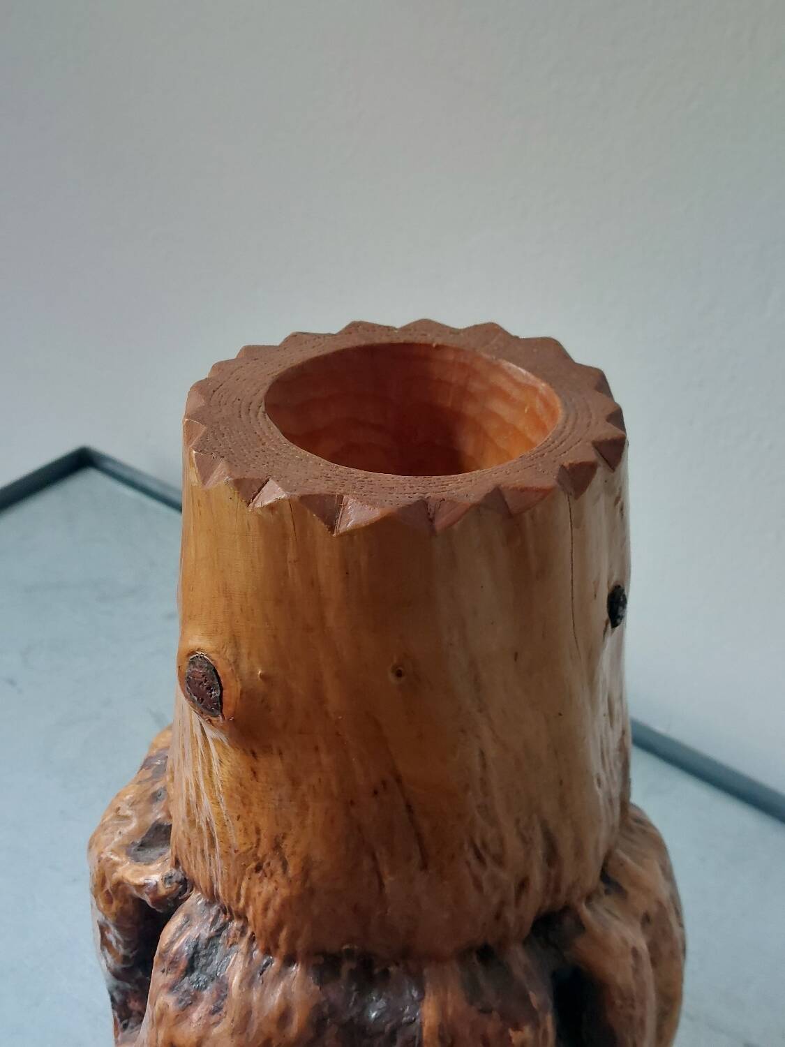 Vintage brutalist hand-carved burl wood vase