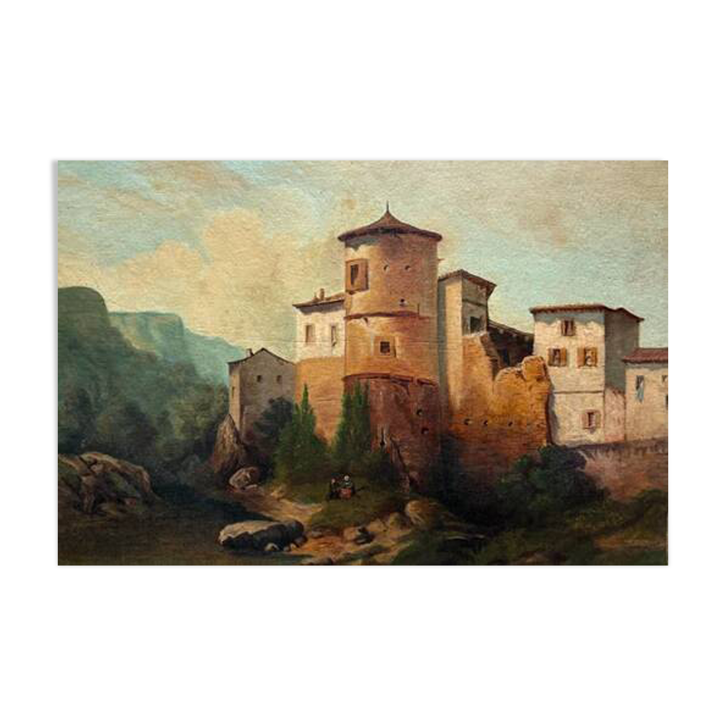 Landscape of a fortified village hamlet from the 19th century - Original antique oil painting.