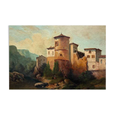 Landscape of a fortified village hamlet from the 19th century - Original antique oil painting.
