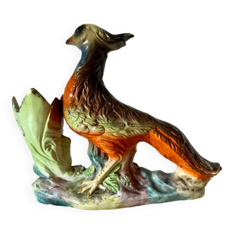 Vintage cornet vase and its pheasant ornament figurine / vintage Italian ceramic vase years