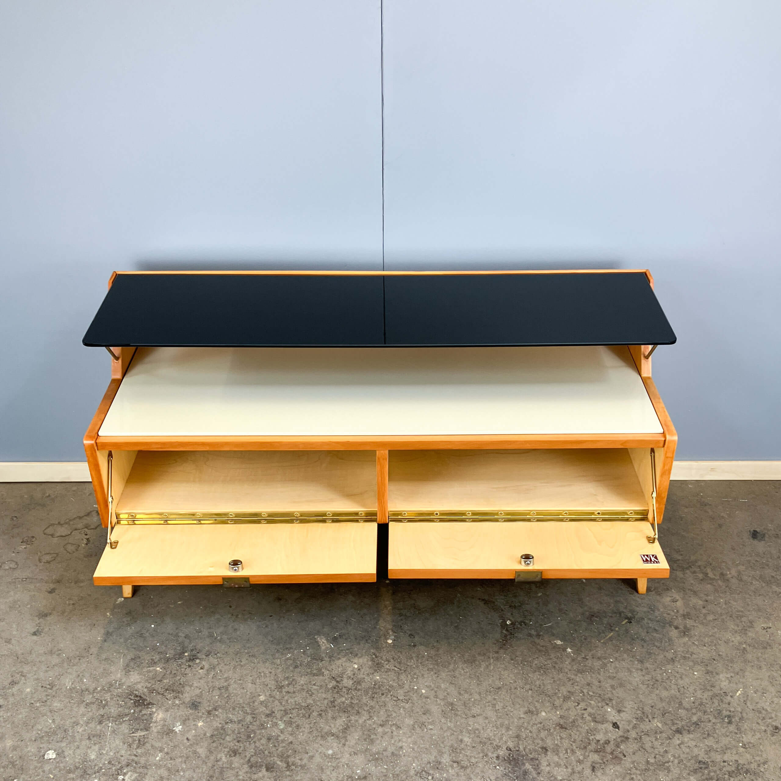 Small chest of drawers by WK Möbel with black and white glass top, pear wood, 1950s