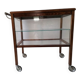 Art Deco brown wooden and glass bar cart, mobile display cabinet from the 1950s.