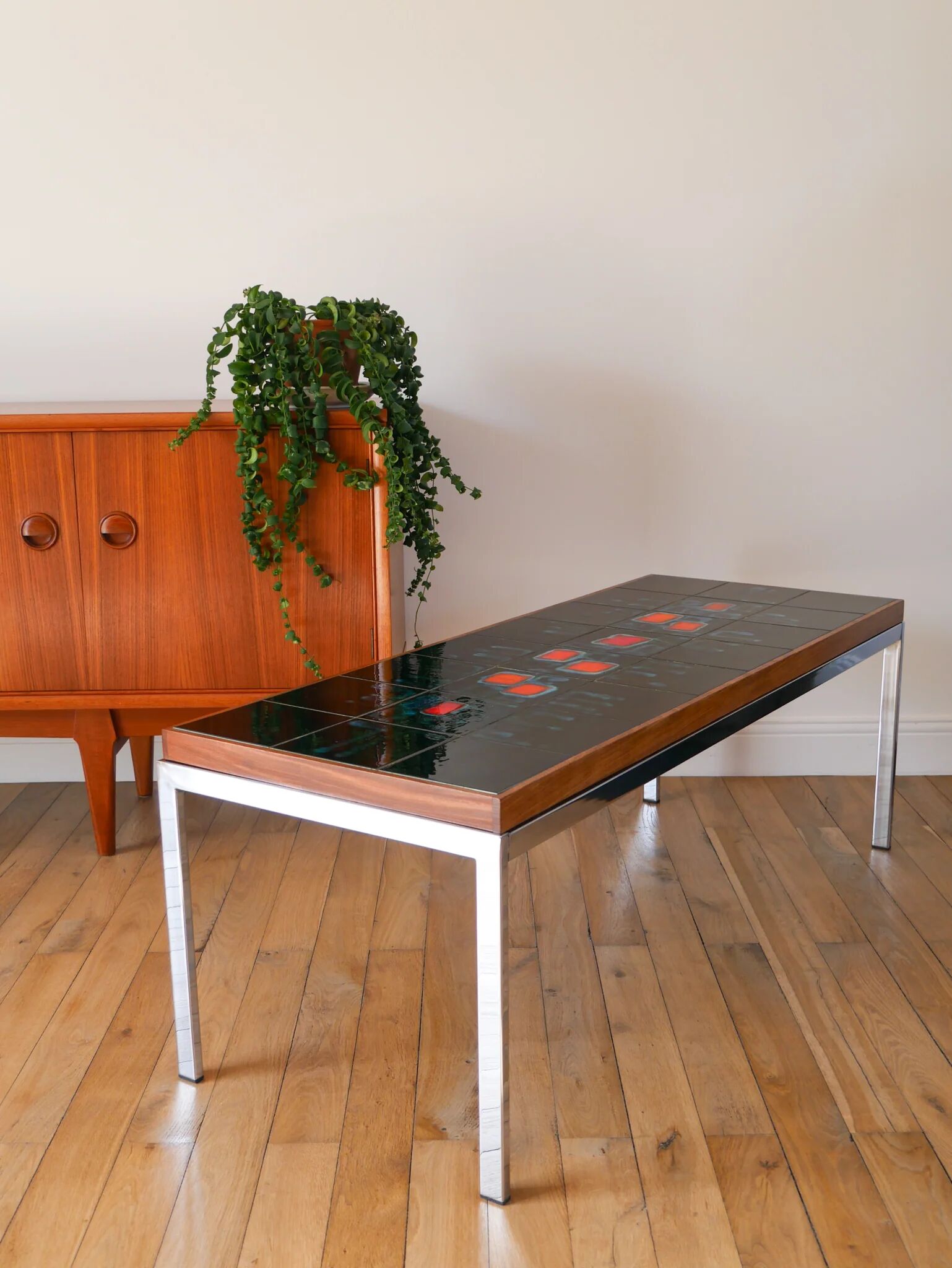 Table basse en céramique, teck & chrome, design, 1970