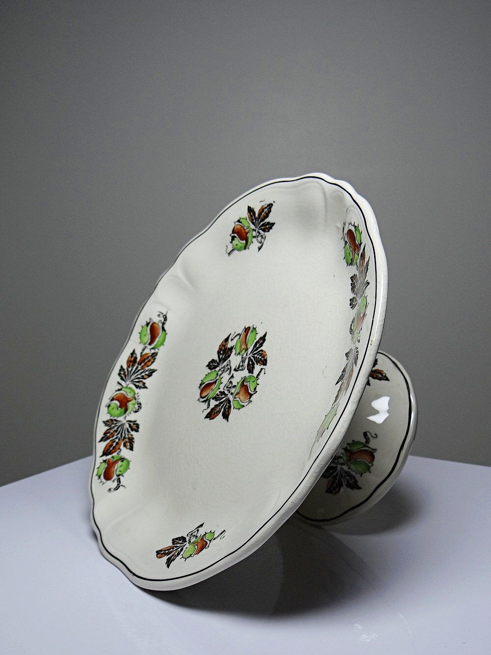 Antique compote dish "Marrons" Longchamp earthenware, polychrome ironstone.