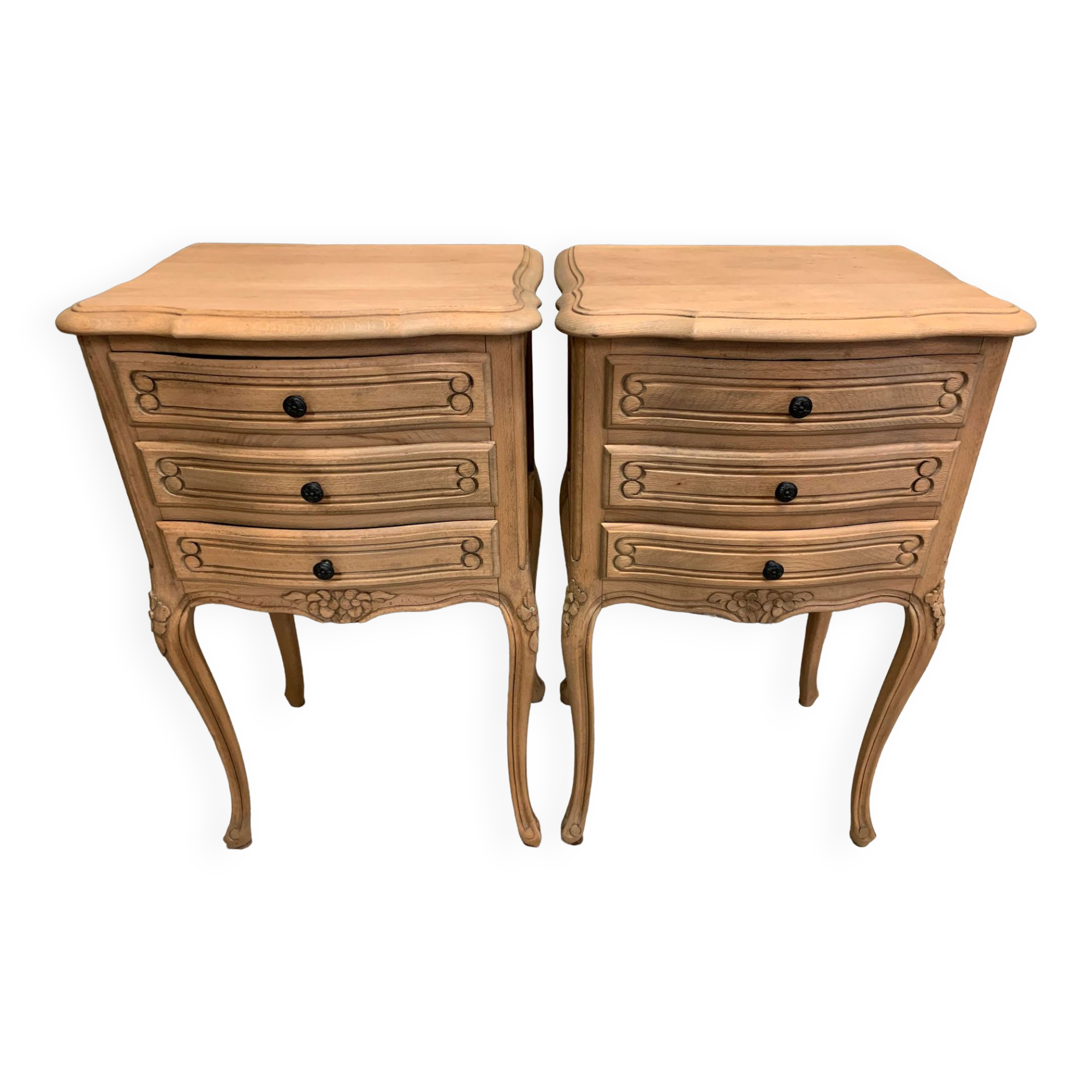 Pair of Louis XV style bedside tables with raw wood appearance