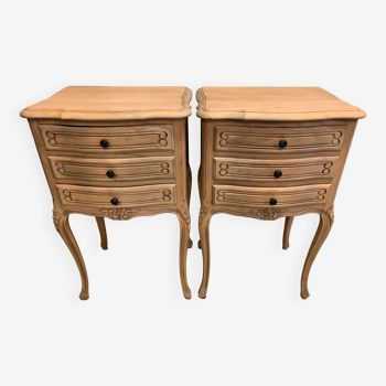 Pair of Louis XV style bedside tables with raw wood appearance