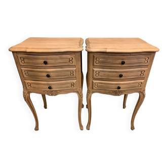 Pair of Louis XV style bedside tables with raw wood appearance