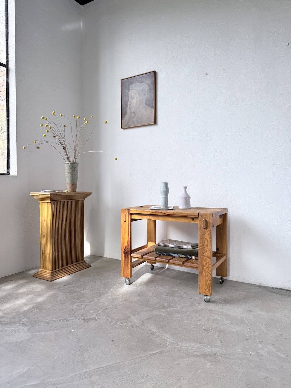 1980 pine wheeled console table