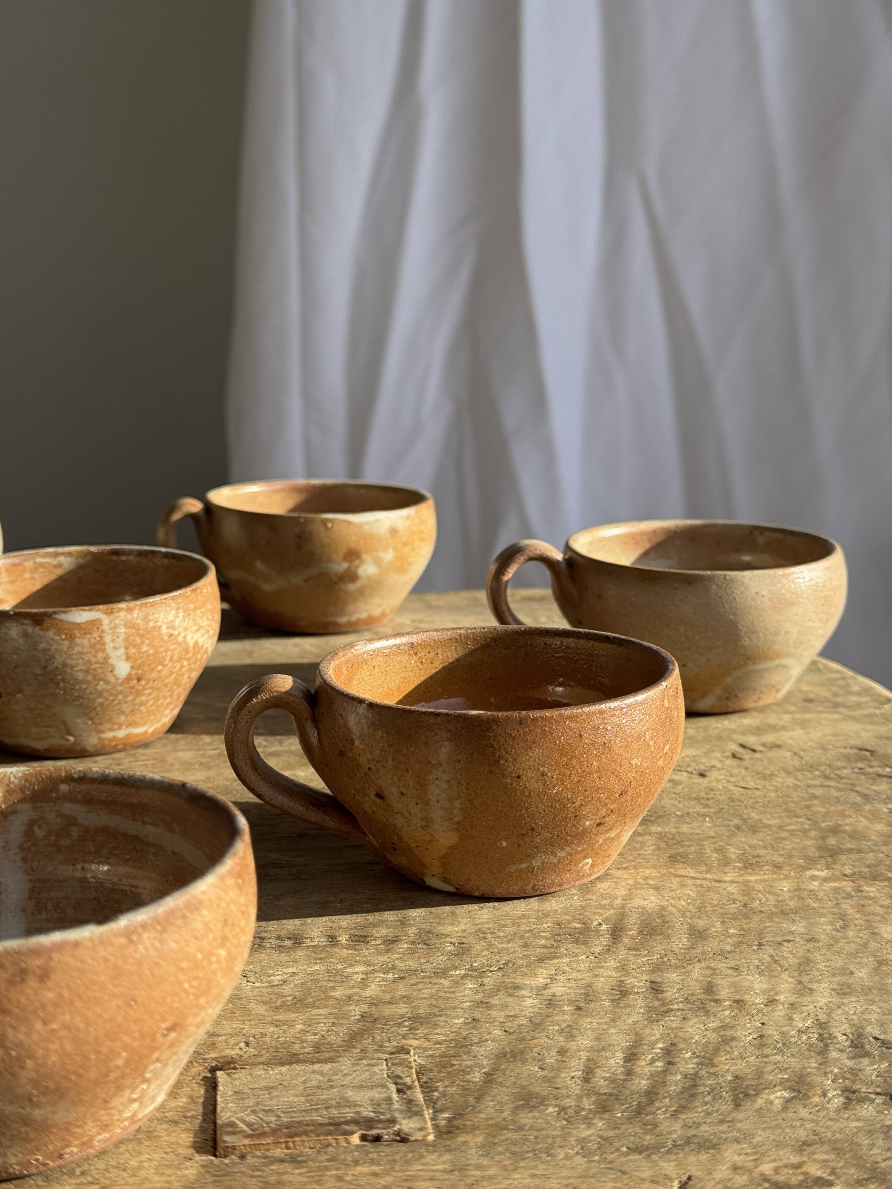 Set of 11 vintage coffee cups, raw matte stoneware H11