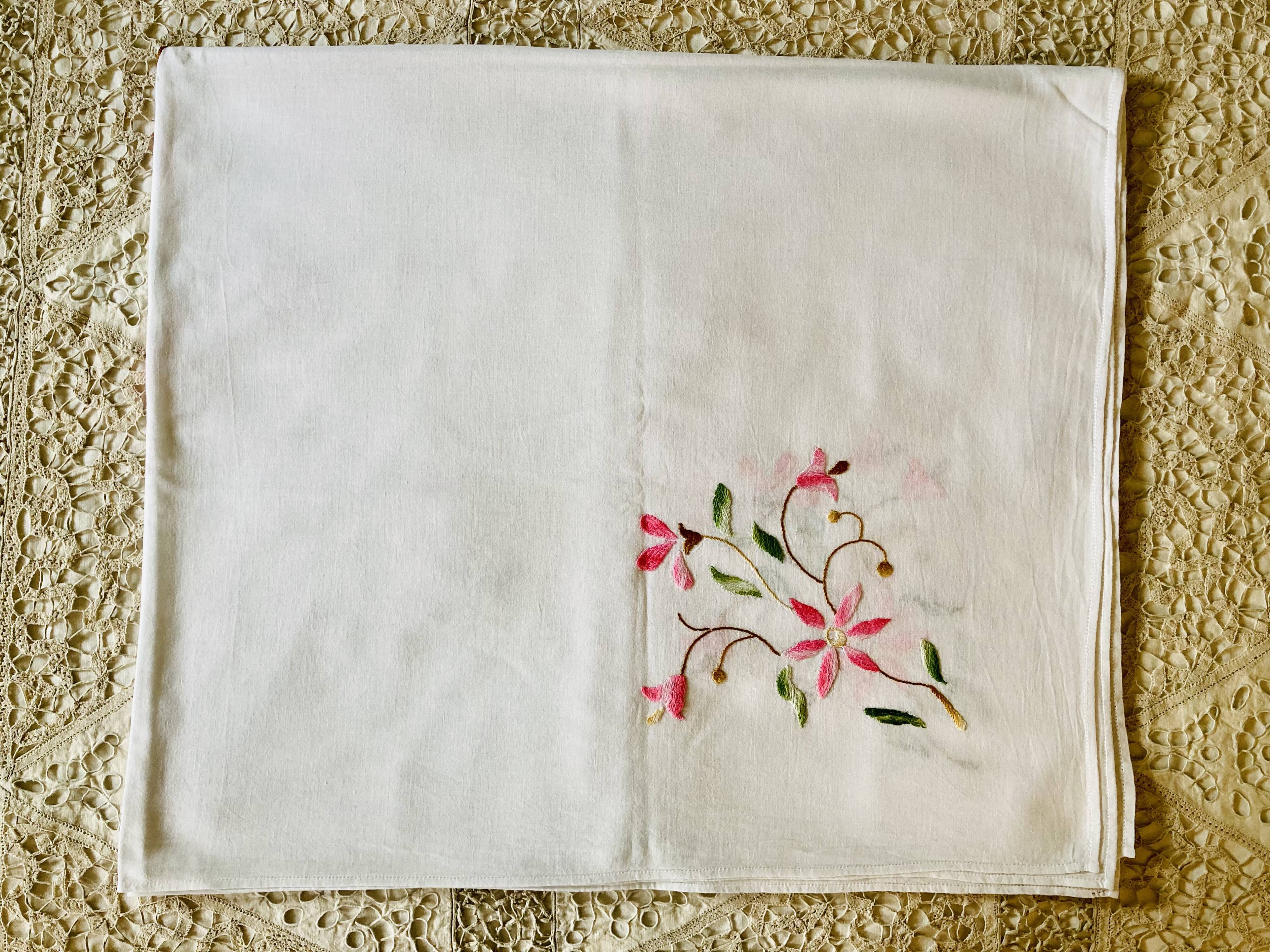 Embroidered white cotton tablecloth