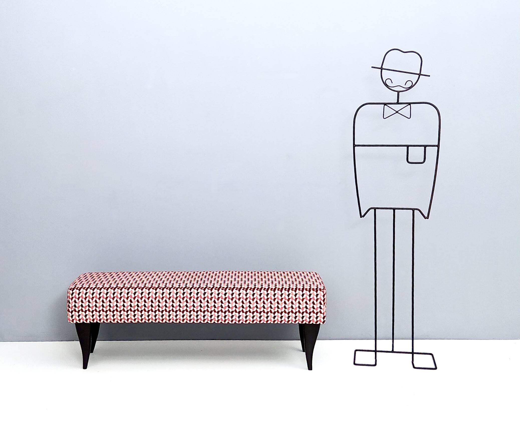 Pair of Benches with Red Patterned Fabric Upholstery, Italy