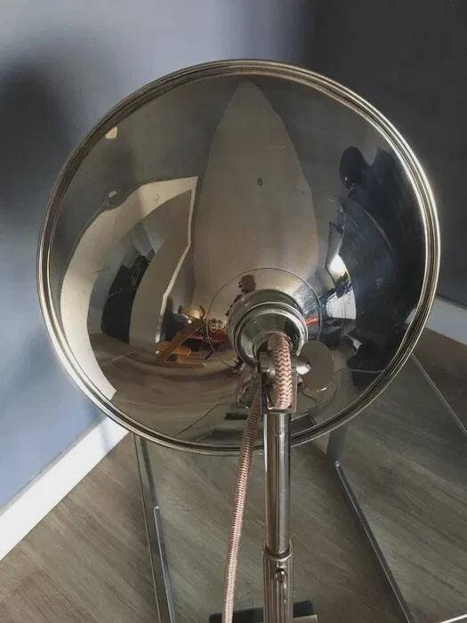 Glory industrial clamp lamp, chrome reflector shade, Germany, 1950s