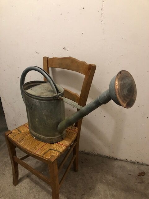 Vintage zinc watering can, copper apple