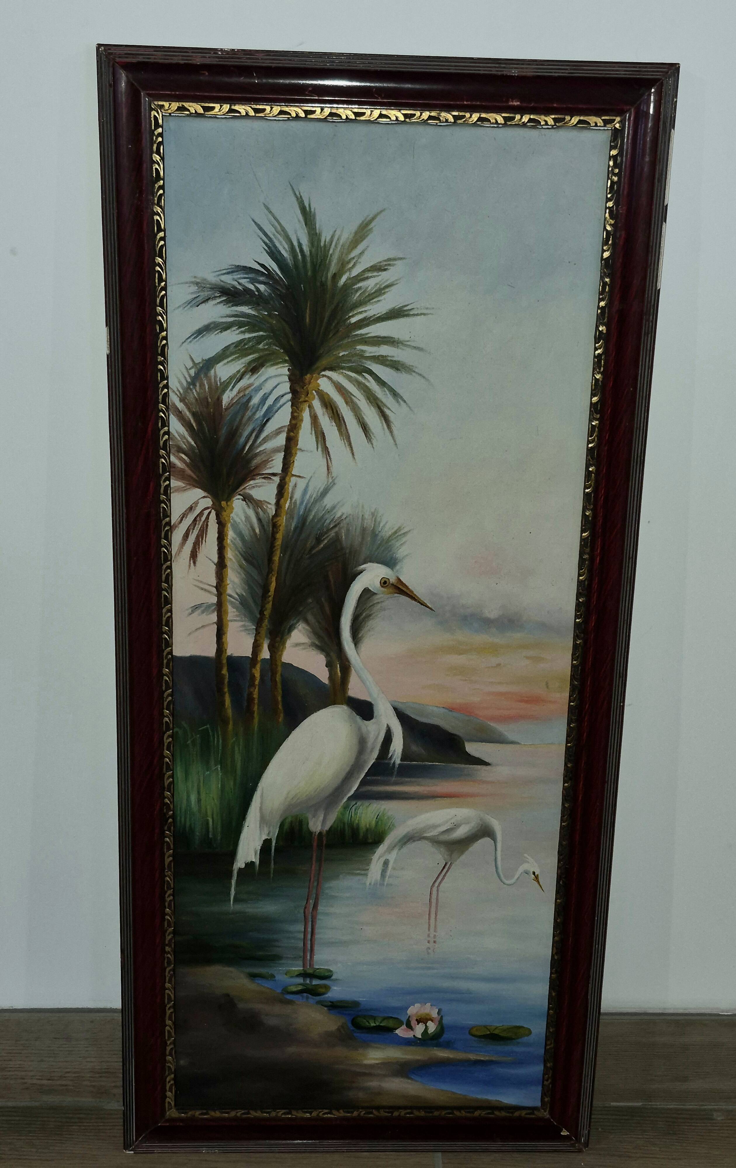 Pair of oil paintings on canvas depicting tropical birds.