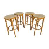 Série de 4 tabourets de bar en bois assise cannée Thonet circa 1970