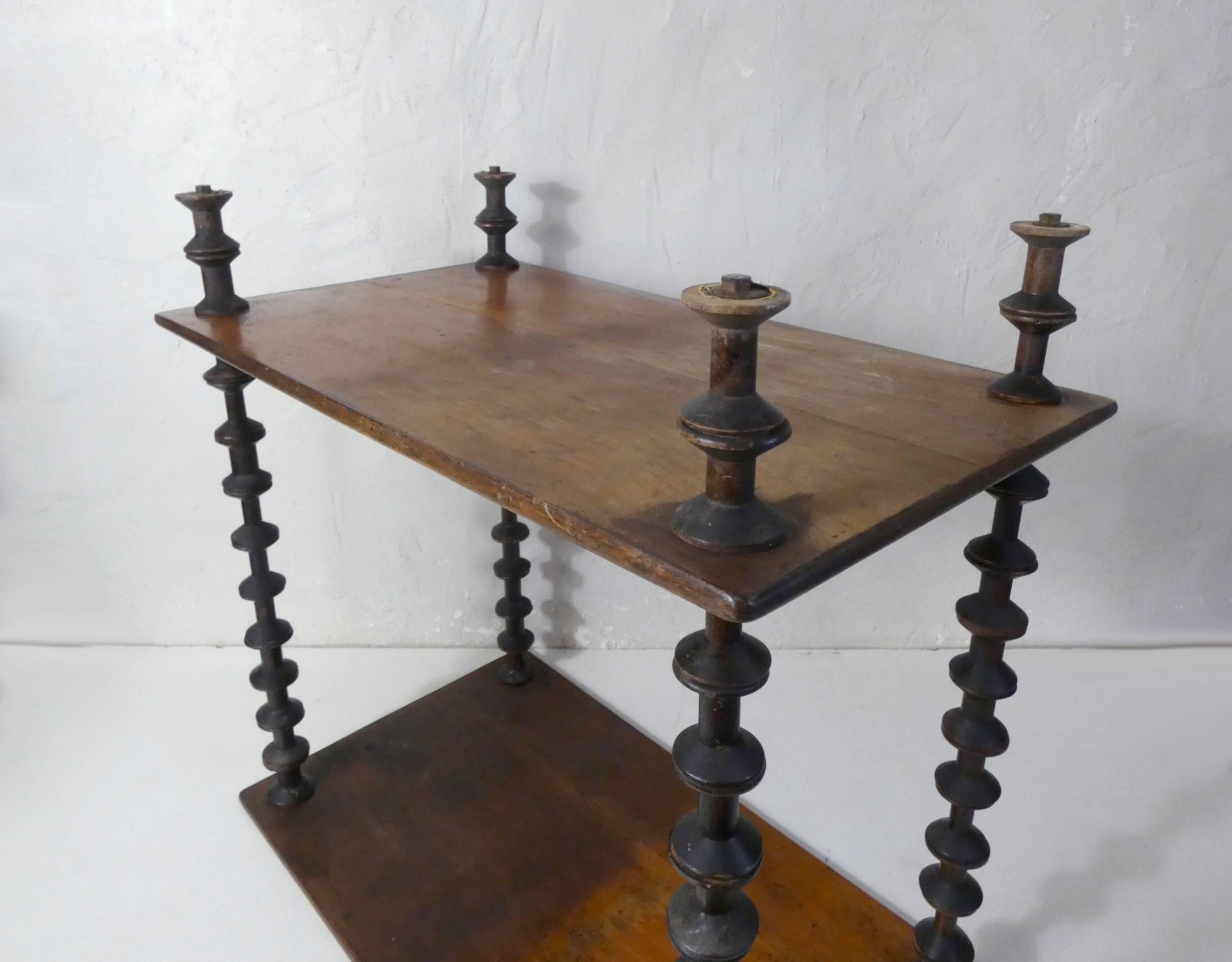 Antique wooden shelf with DMC spools – Industrial sideboard