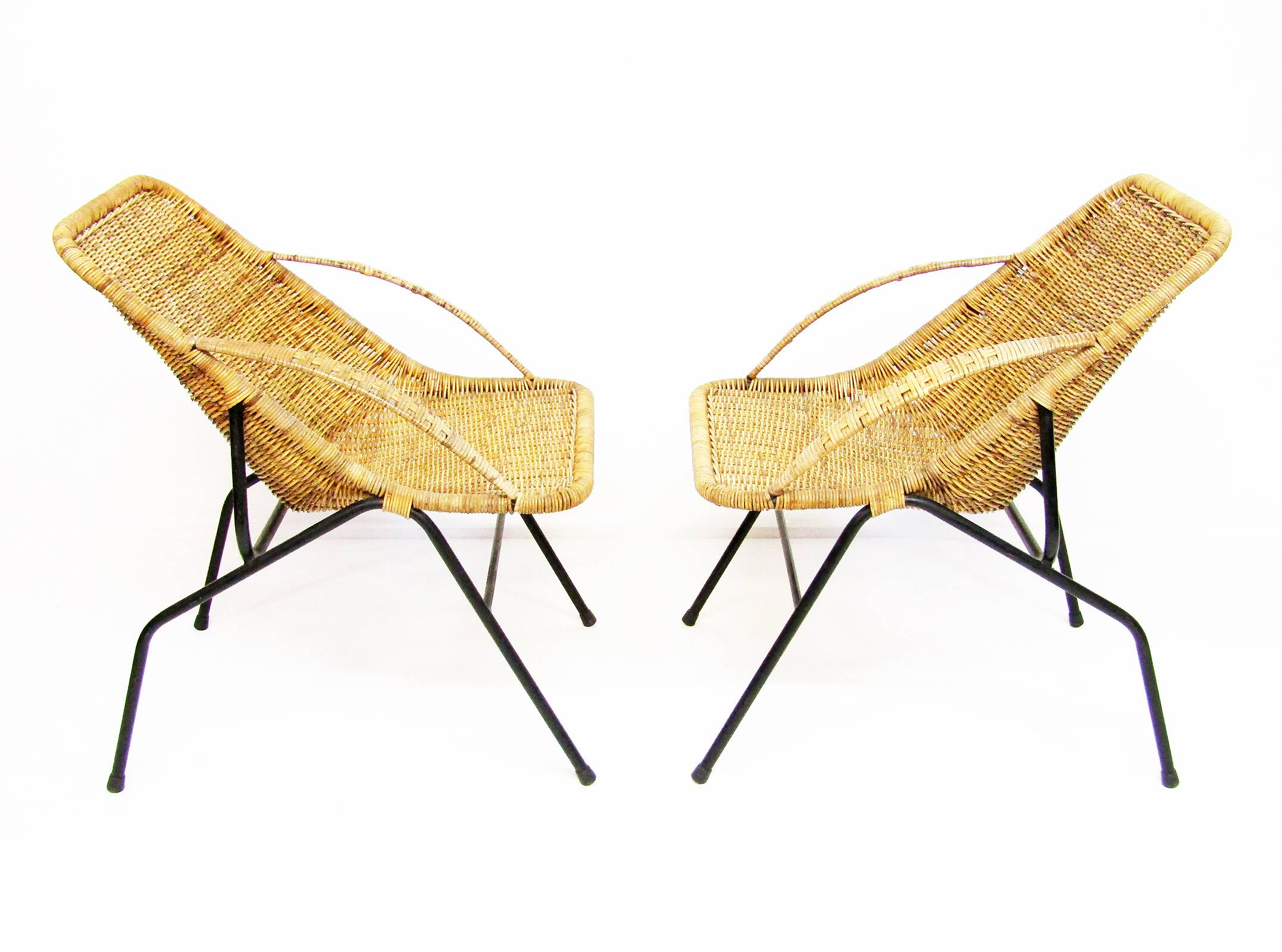 Pair Of 1950s French "Gazelle" Chairs In Rattan Wicker & Tubular Steel