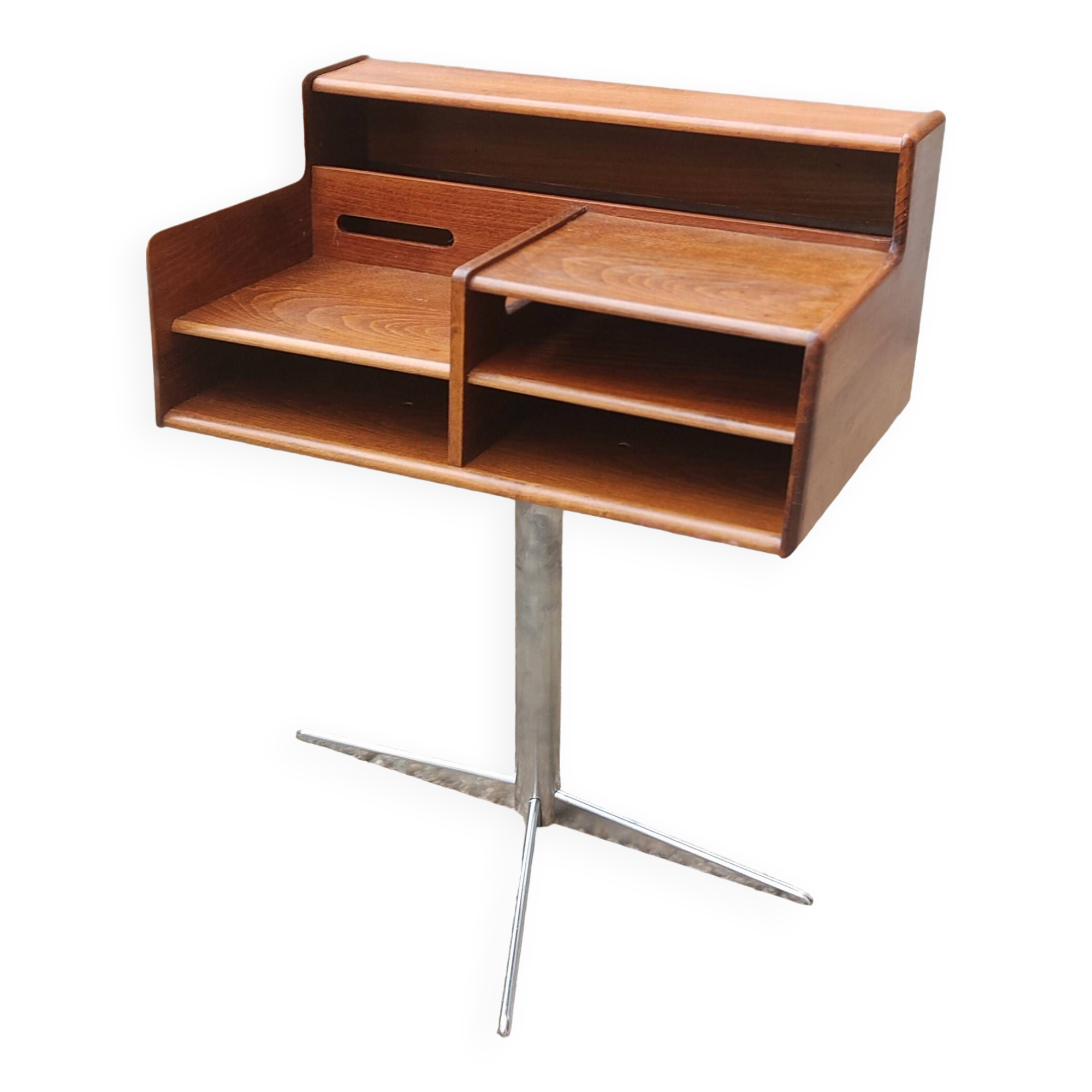 Console, bureau en hêtre et piètement en acier chromé, Italie 1950-1960