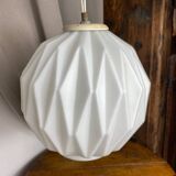 Designer pendant light with geometric opaline glass globe, mid-20th century