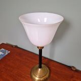 Large Art Deco table lamp, in brass and white opaline, 1920s-3