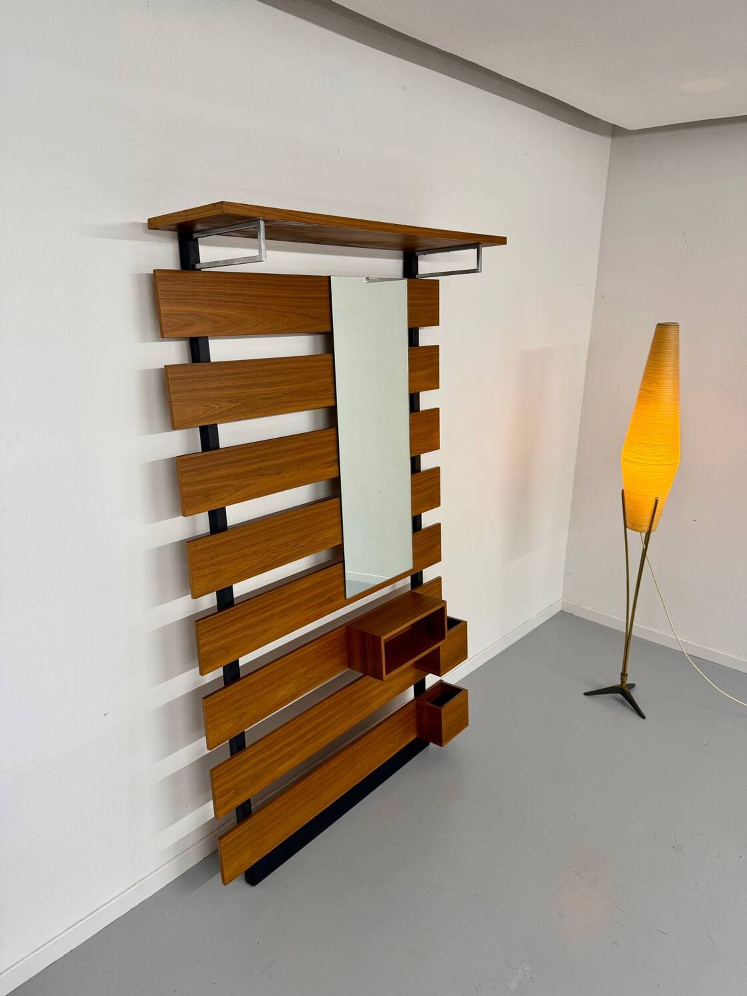 Scandinavian design teak wall unit with entrance door from the 70s