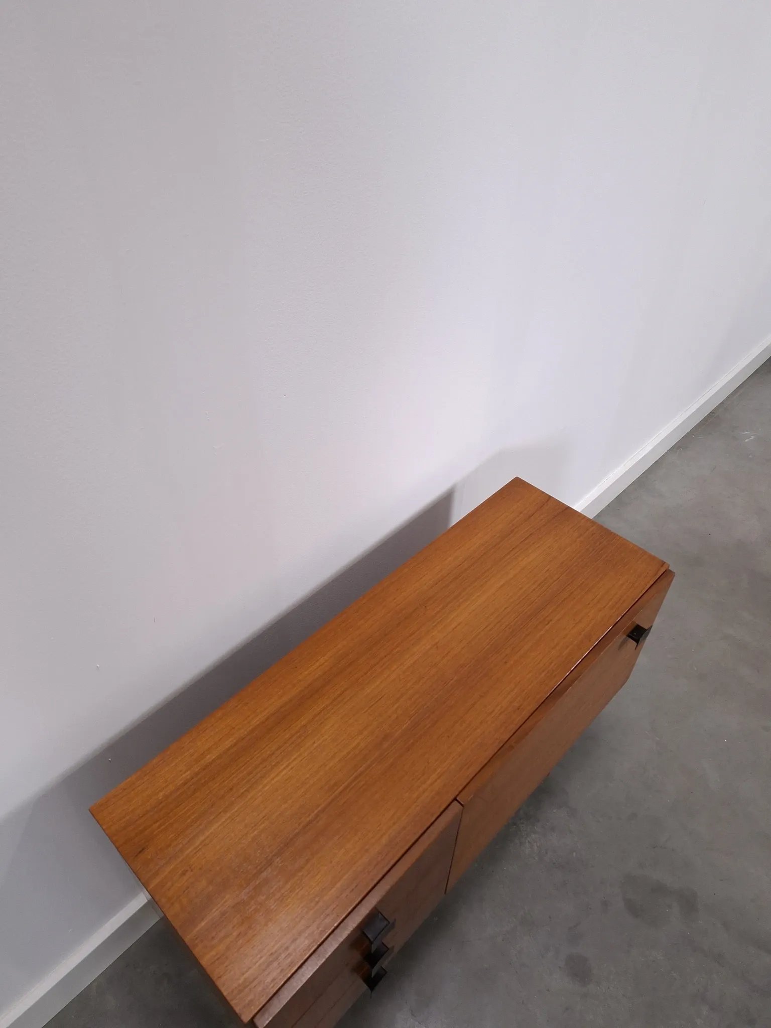 Vintage small teak cabinet with drawers, flap and black handles, hallway cabinet.