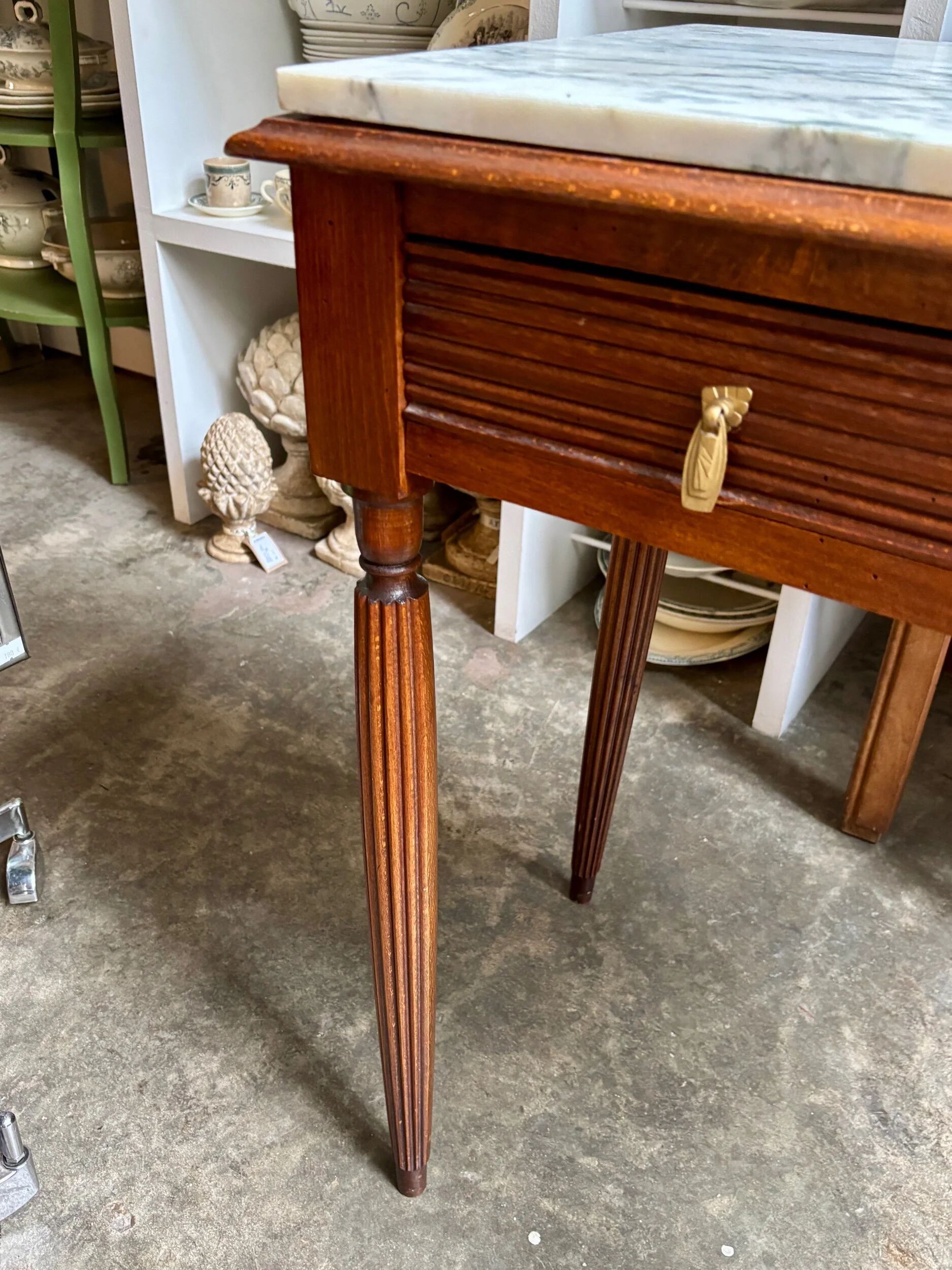 Desk, dark wood and marble side table