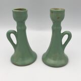 Pair of vintage table candle holders in green enameled ceramic