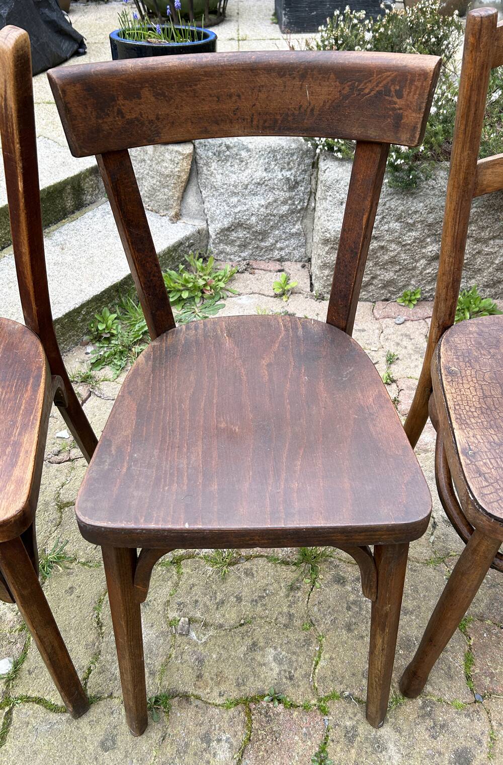 Set of 8 vintage bistro chairs, 50s, 60s, dark oak.