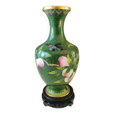 Old chinese vase in cloisonné enameled brass. cherry blossoms/exotic bird on a green background, gold filaments. high 24 cm