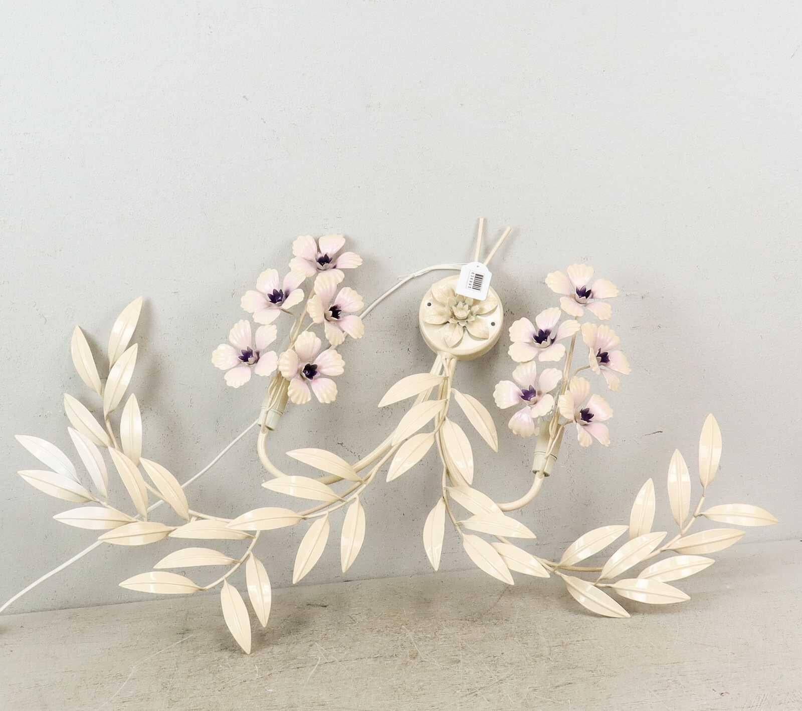 Hollywood Regency Cream White Metal Floral Leaf Wall Lamp